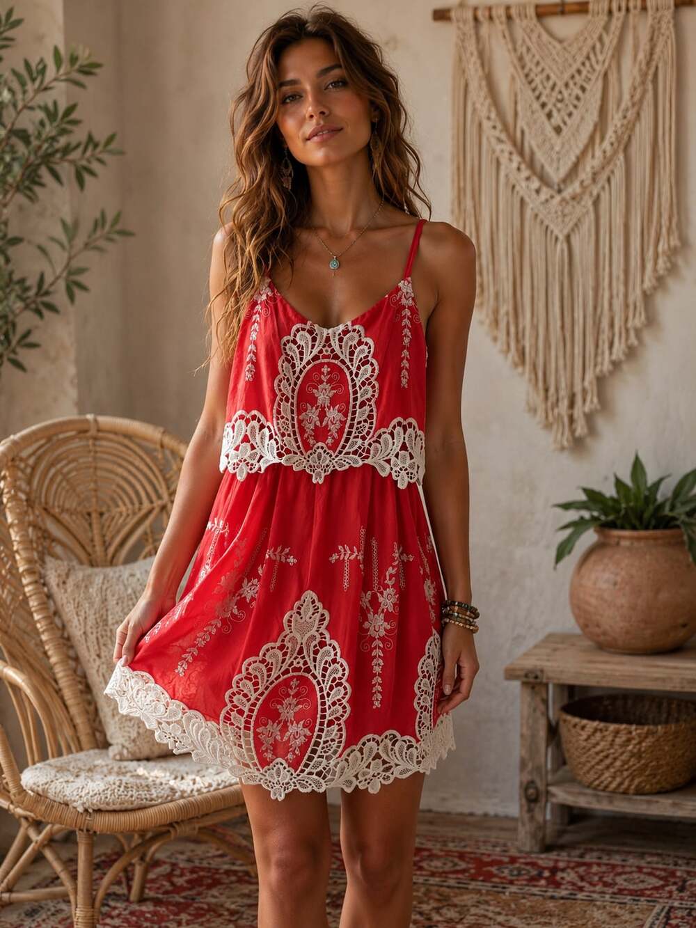 Ark & Co Red Embroidered Macrame Overlay Boho Mini Dress
